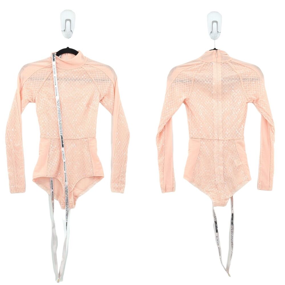House of CB Women XS Marnel Bodysuit Blush Pink Sequined Mock Neck Long Sleeve